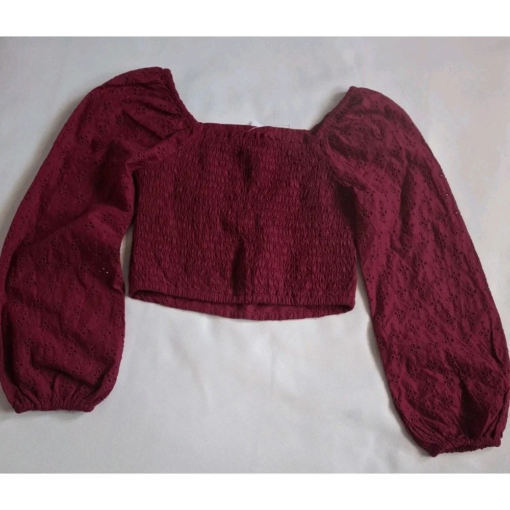 Gap‎ Kids Beet Burgundy Cropped Shirt With Puff Sleeves  Girls Medium